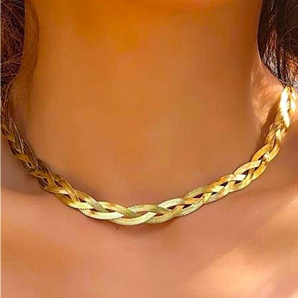 Braided Twisted Gold Plated Herringbone Snake Necklace Matching Bracelet Set - Picture 2 of 7